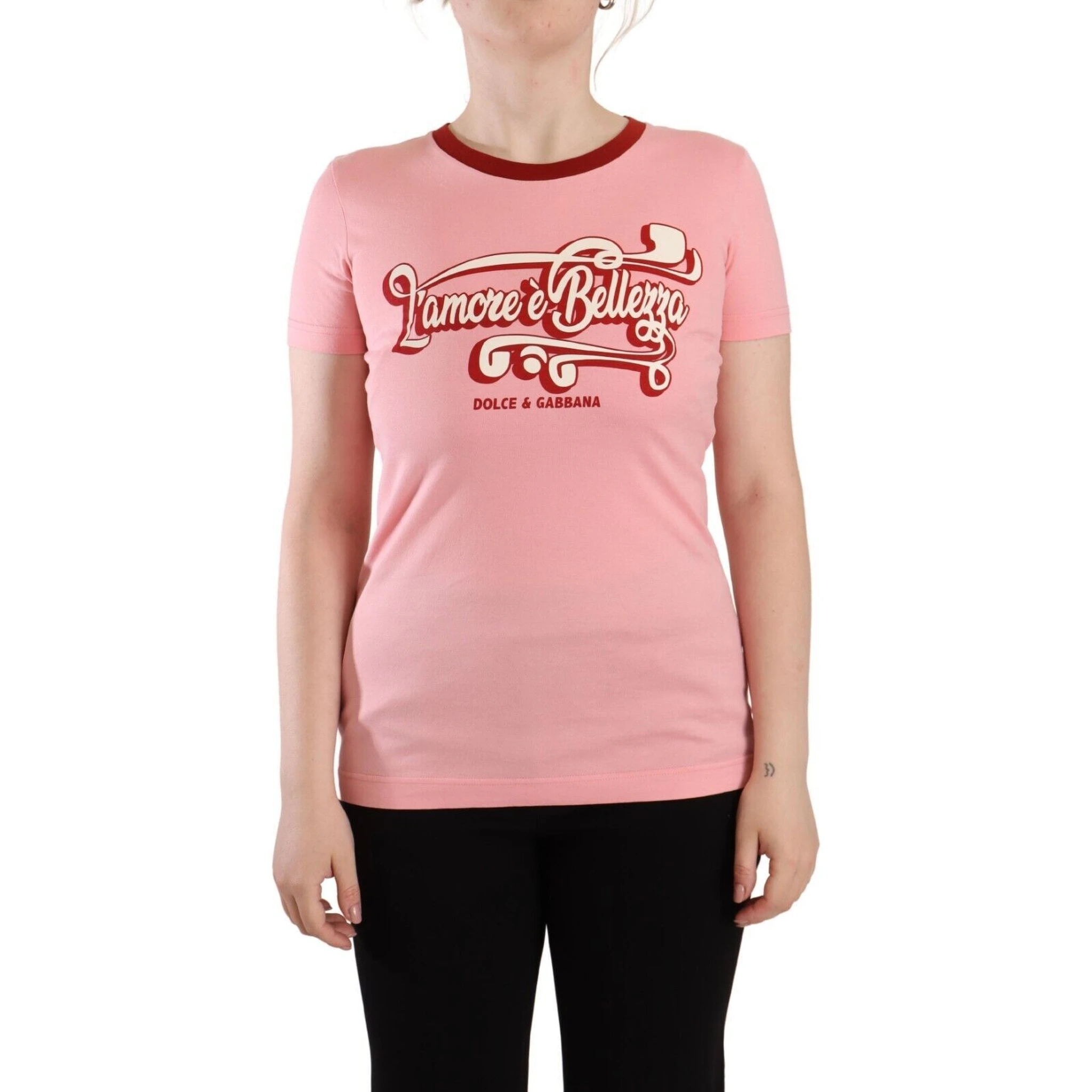 Pink Cotton Short Sleeves Crewneck T-shirt Top