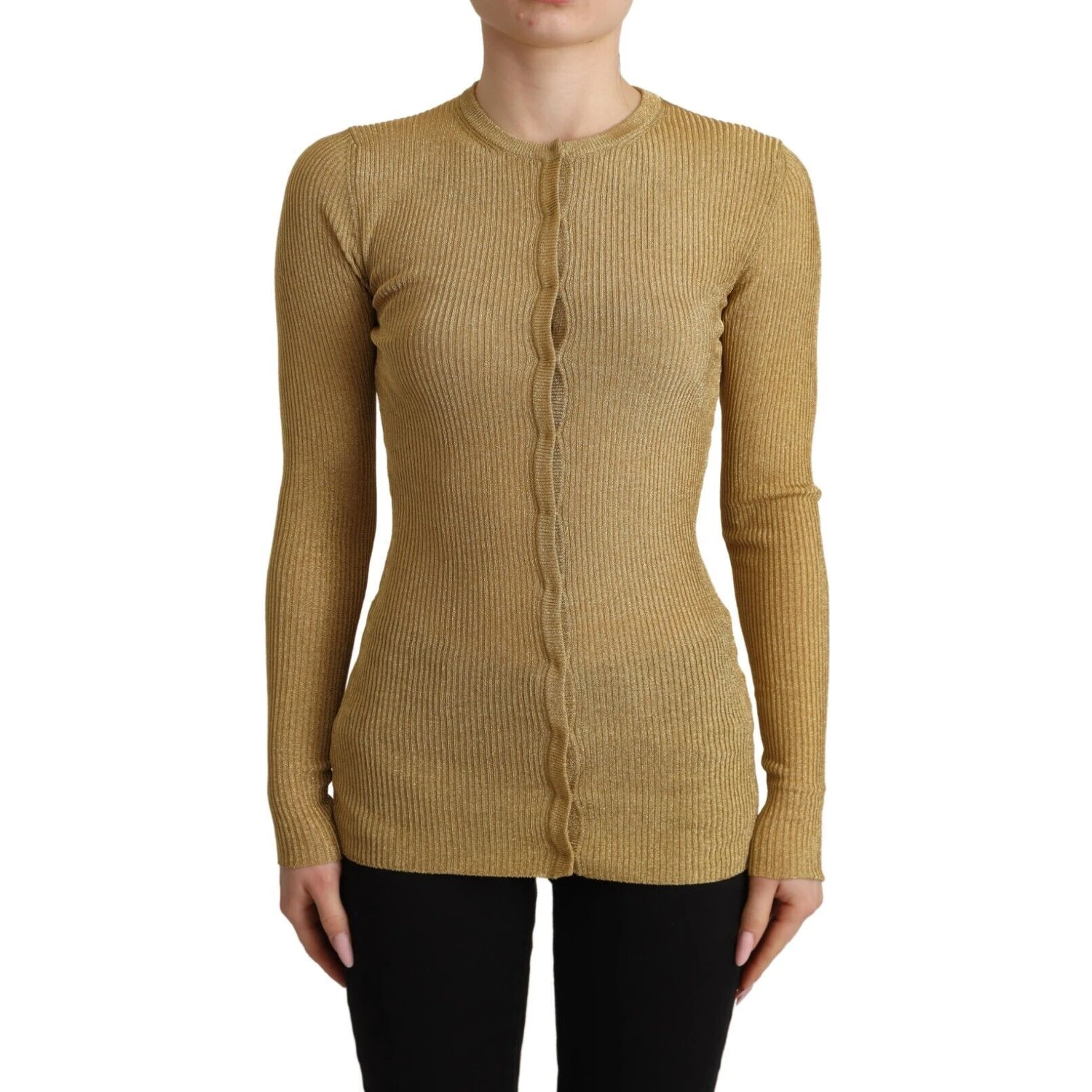 Gold Viscose Blend Buttons Cardigan Sweater