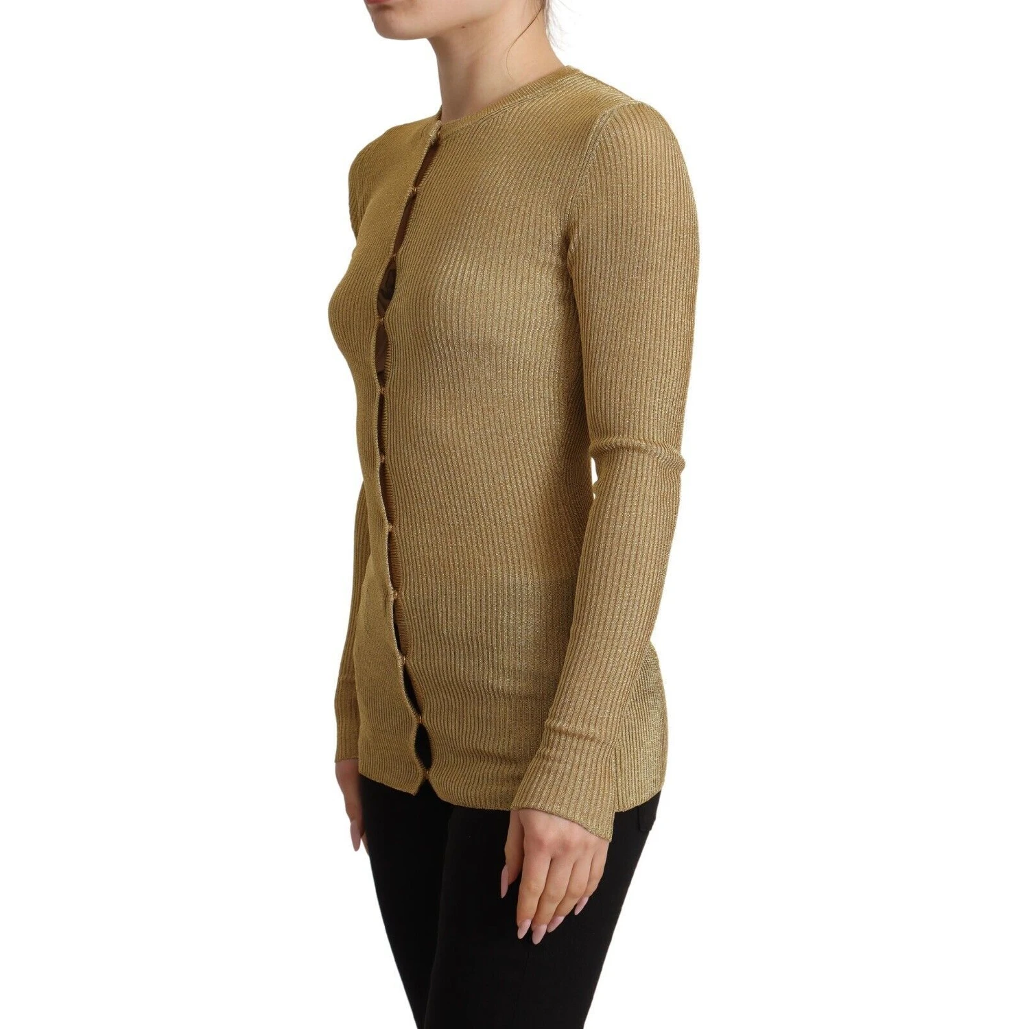 Gold Viscose Blend Buttons Cardigan Sweater