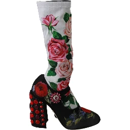 Black Floral Socks Crystal Jersey Boots Shoes