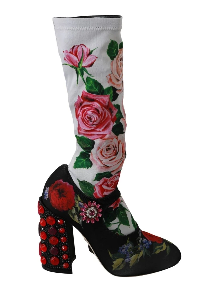 Black Floral Socks Crystal Jersey Boots Shoes