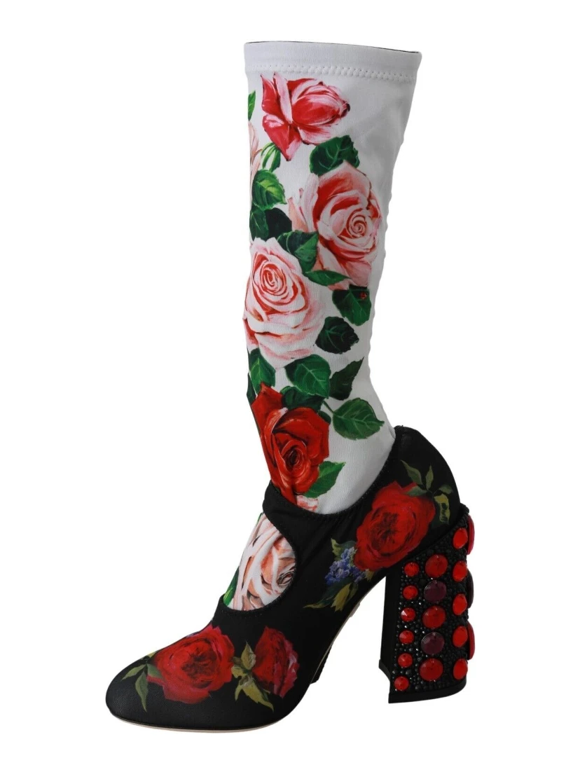 Black Floral Socks Crystal Jersey Boots Shoes