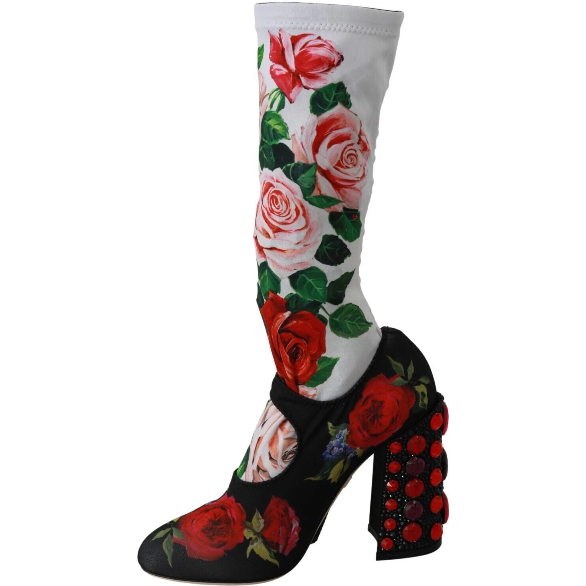 Black Floral Socks Crystal Jersey Boots Shoes