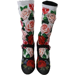 Black Floral Socks Crystal Jersey Boots Shoes