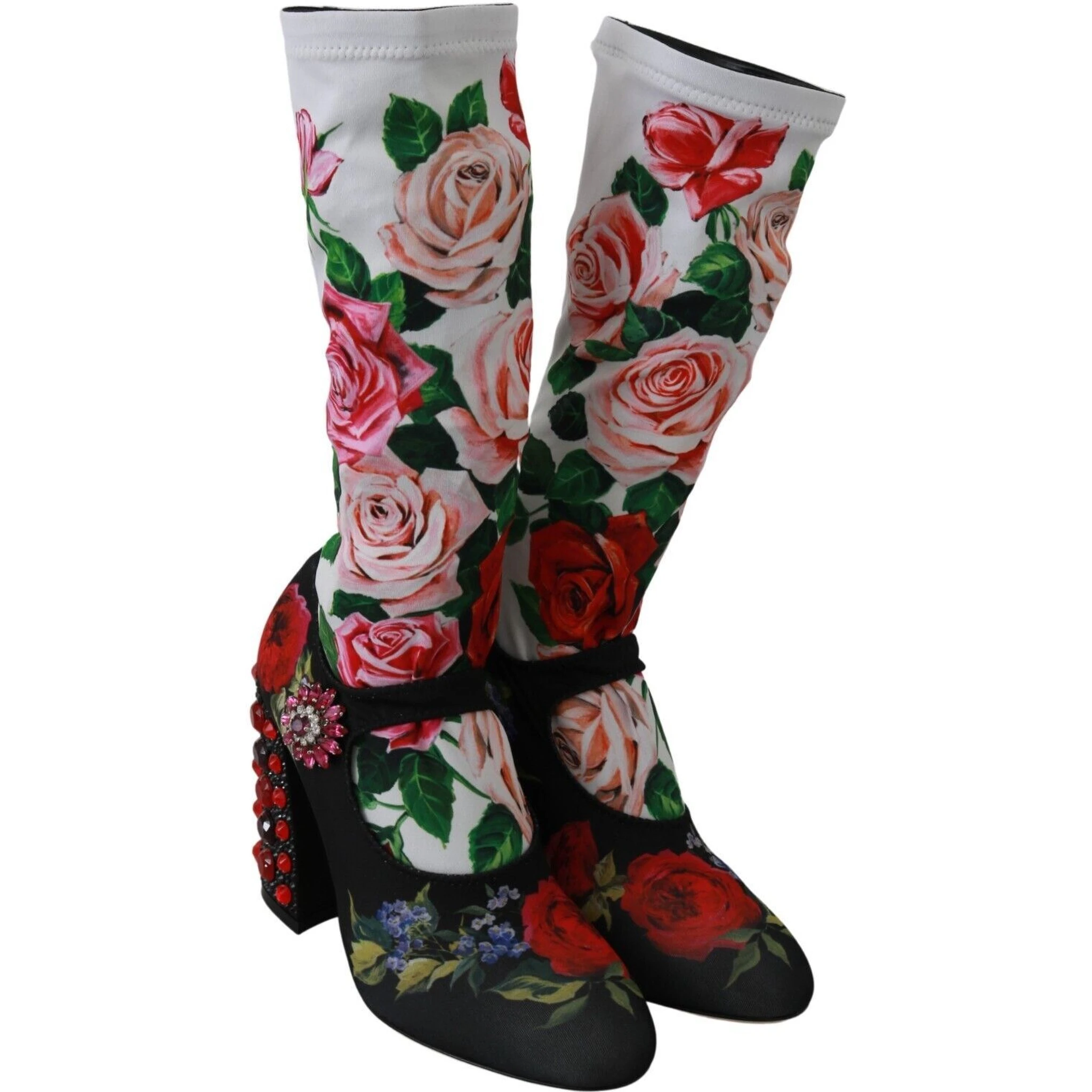 Black Floral Socks Crystal Jersey Boots Shoes