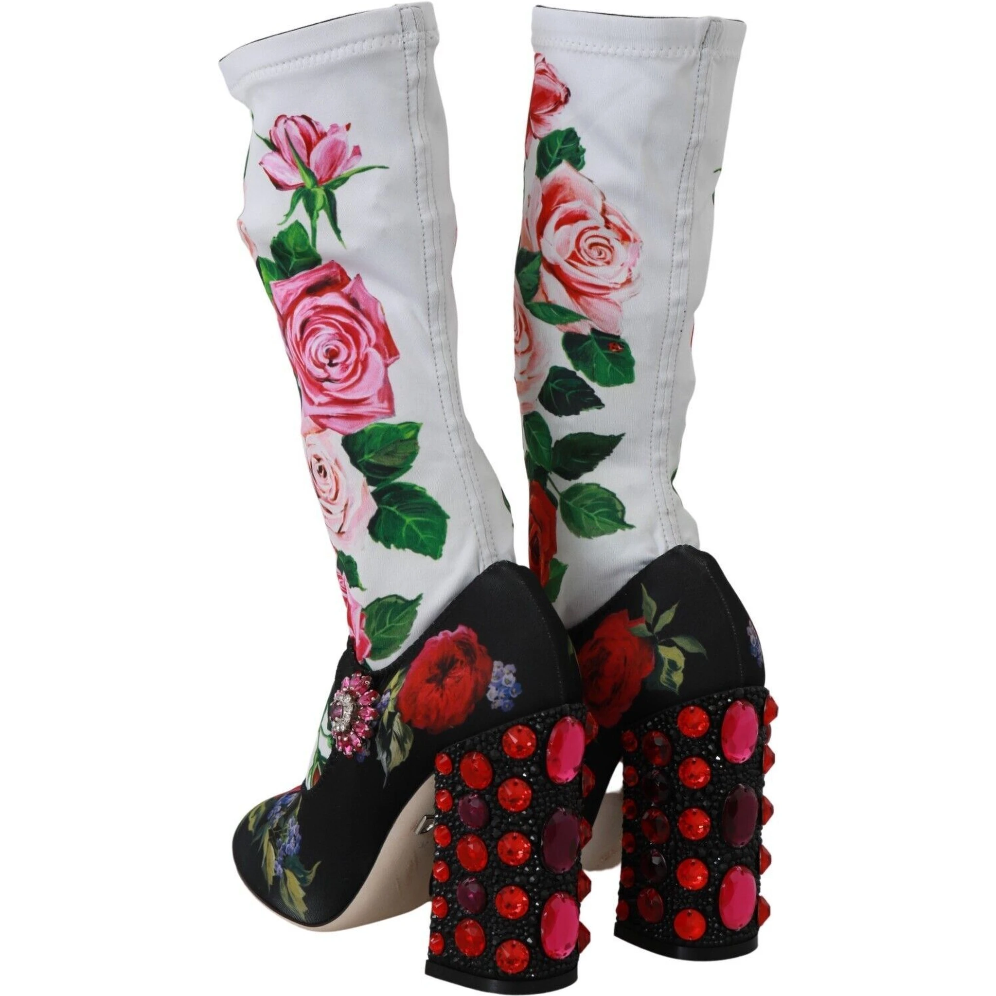 Black Floral Socks Crystal Jersey Boots Shoes