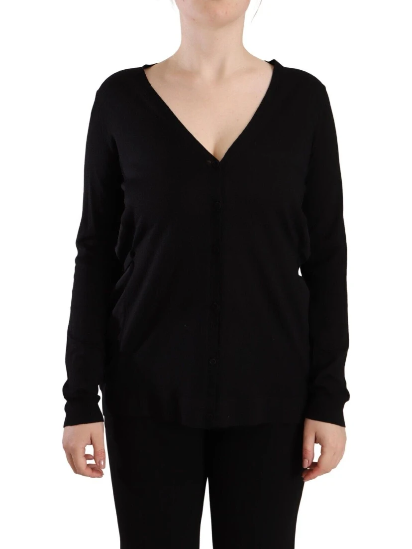 Black Wool V-neck Long Sleeves Pullover Top