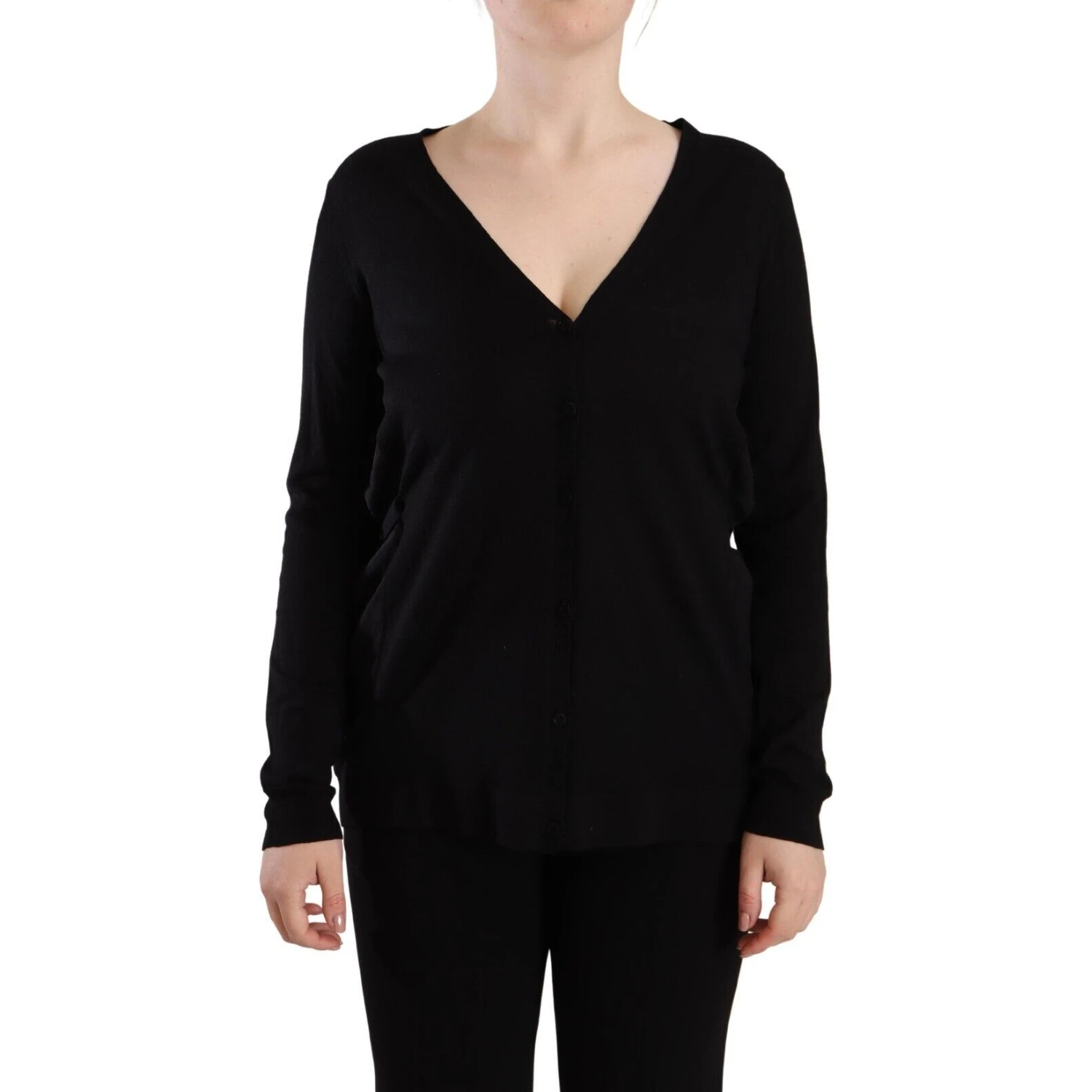 Black Wool V-neck Long Sleeves Pullover Top