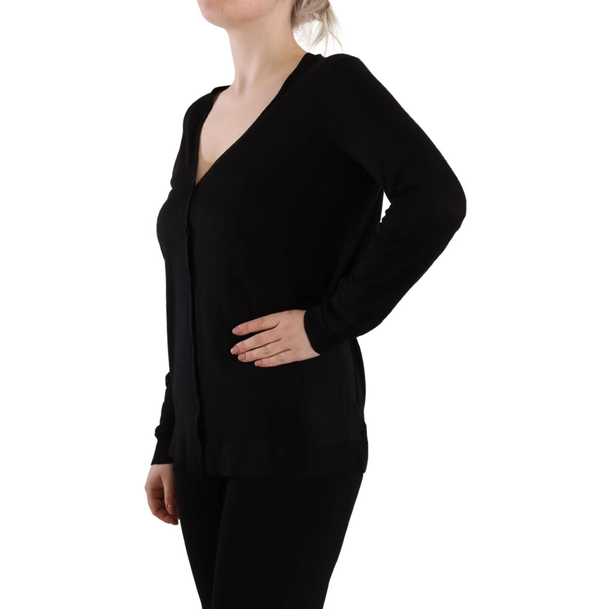 Black Wool V-neck Long Sleeves Pullover Top