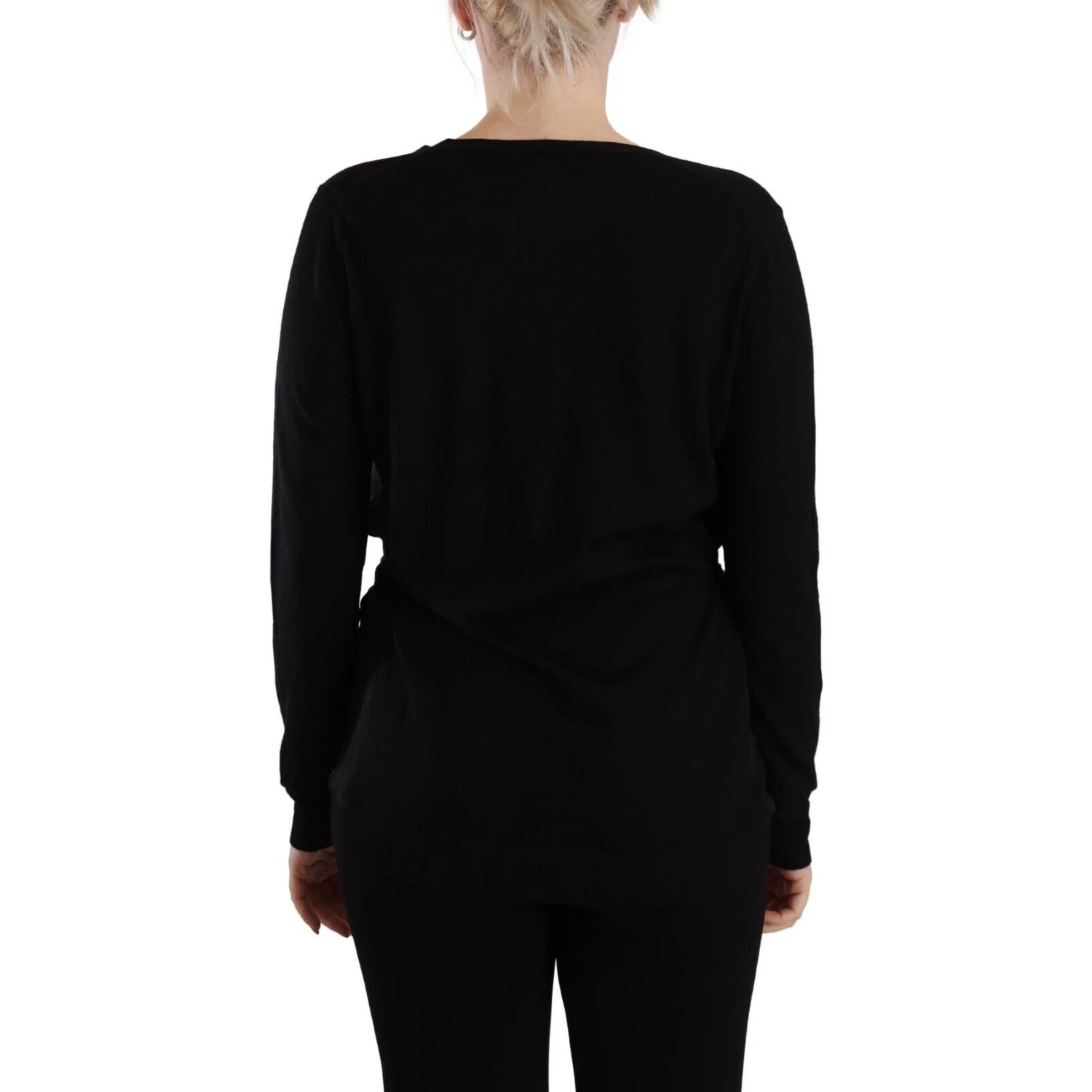 Black Wool V-neck Long Sleeves Pullover Top