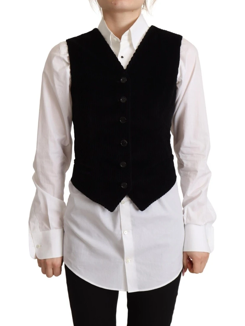 Black V-neck Leopard Corduroy Button Vest Top