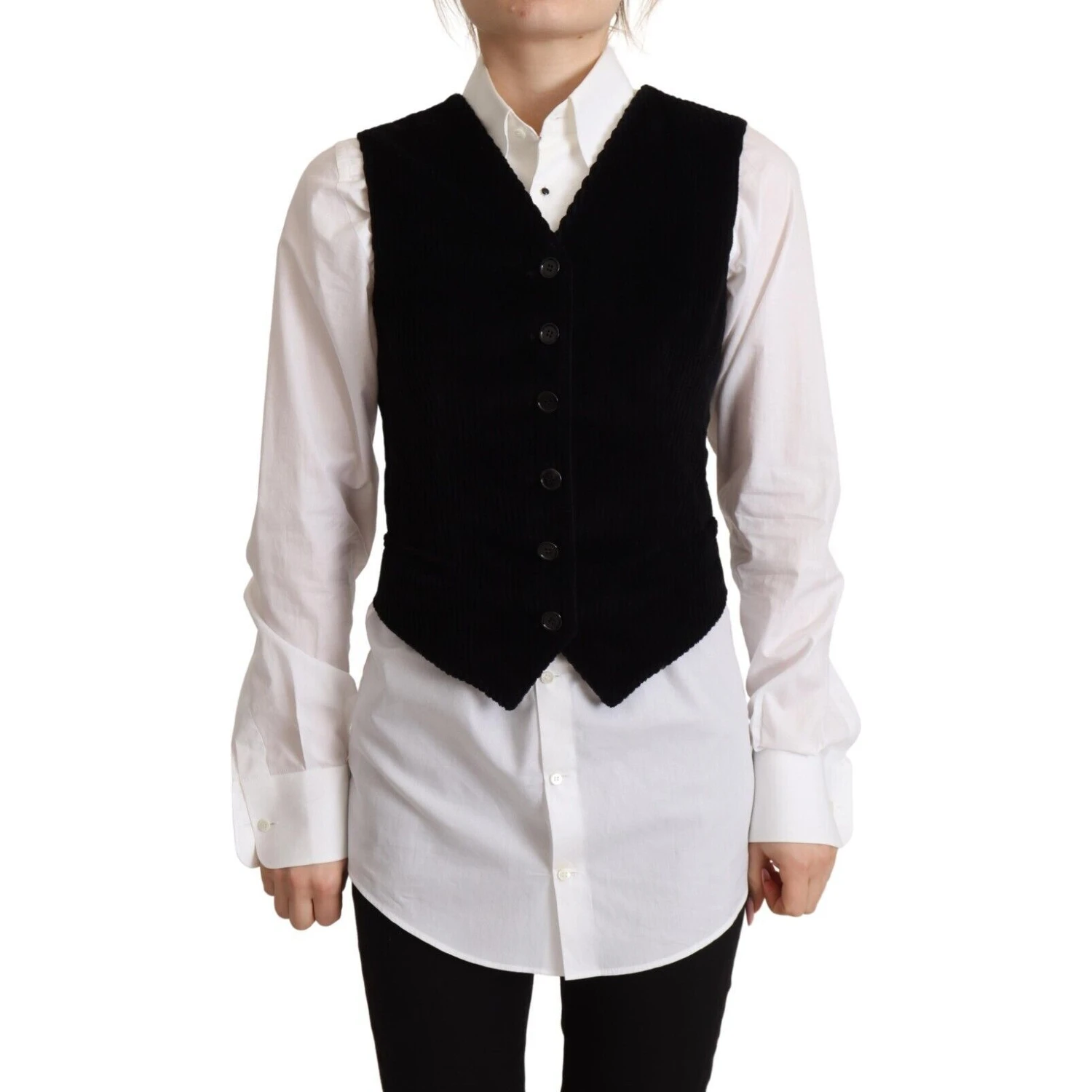 Black V-neck Leopard Corduroy Button Vest Top
