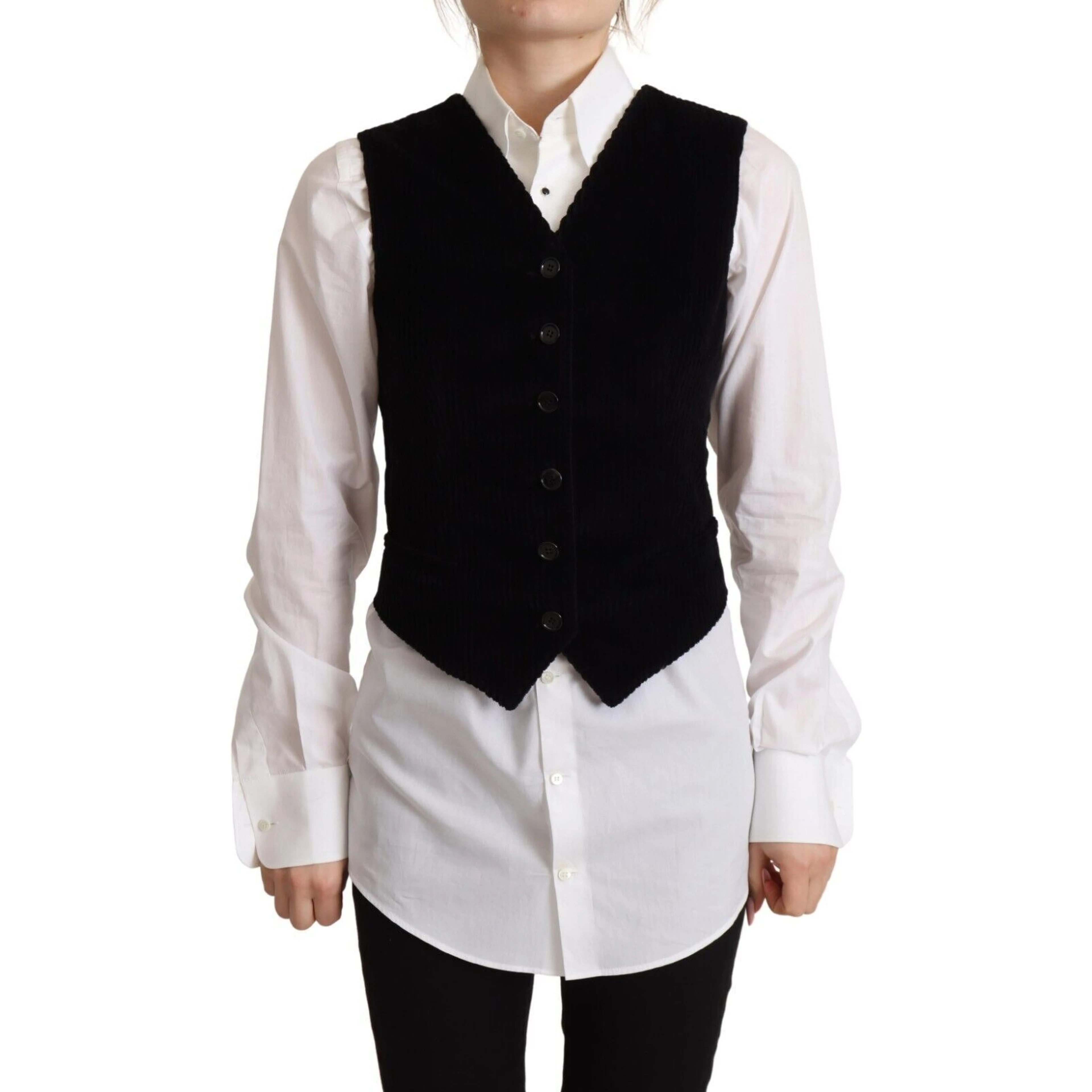Black V-neck Leopard Corduroy Button Vest Top