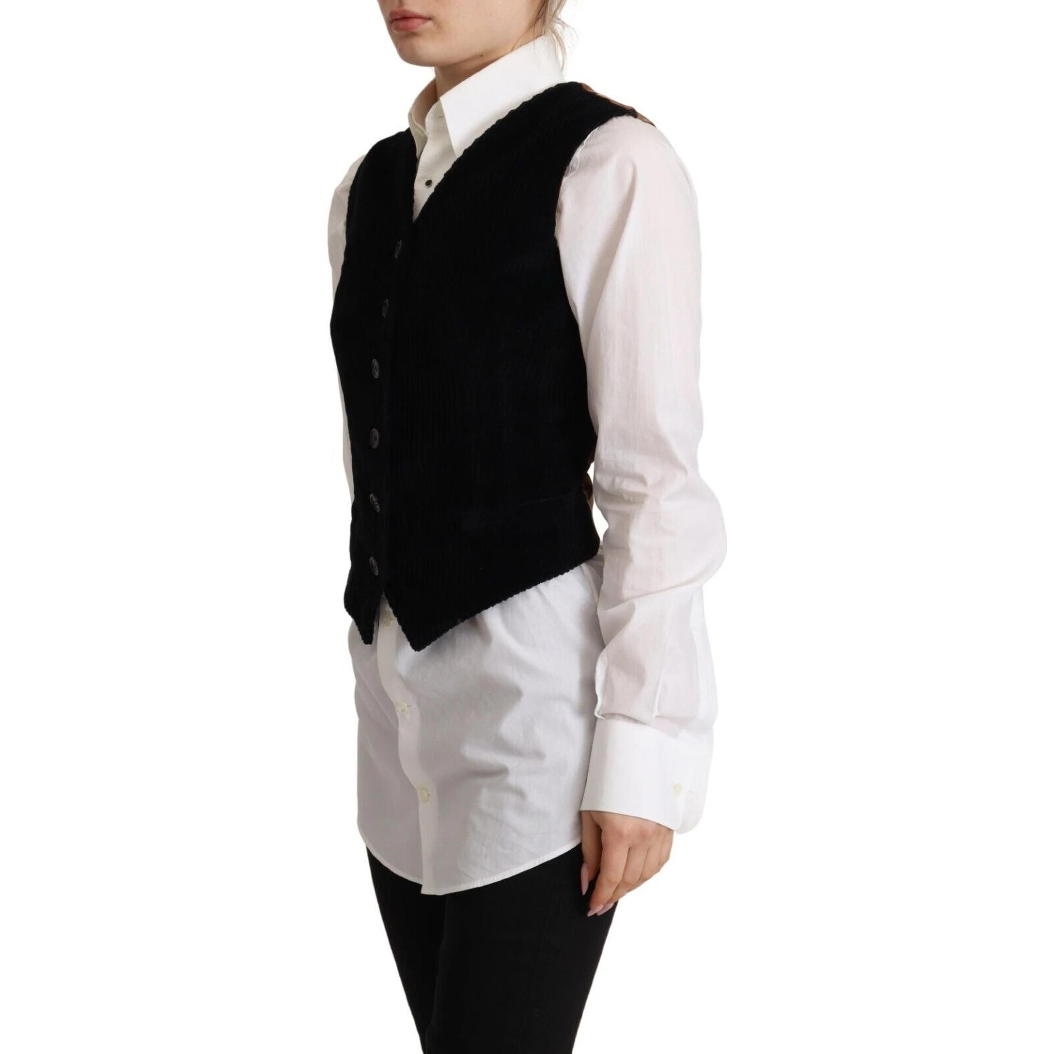 Black V-neck Leopard Corduroy Button Vest Top