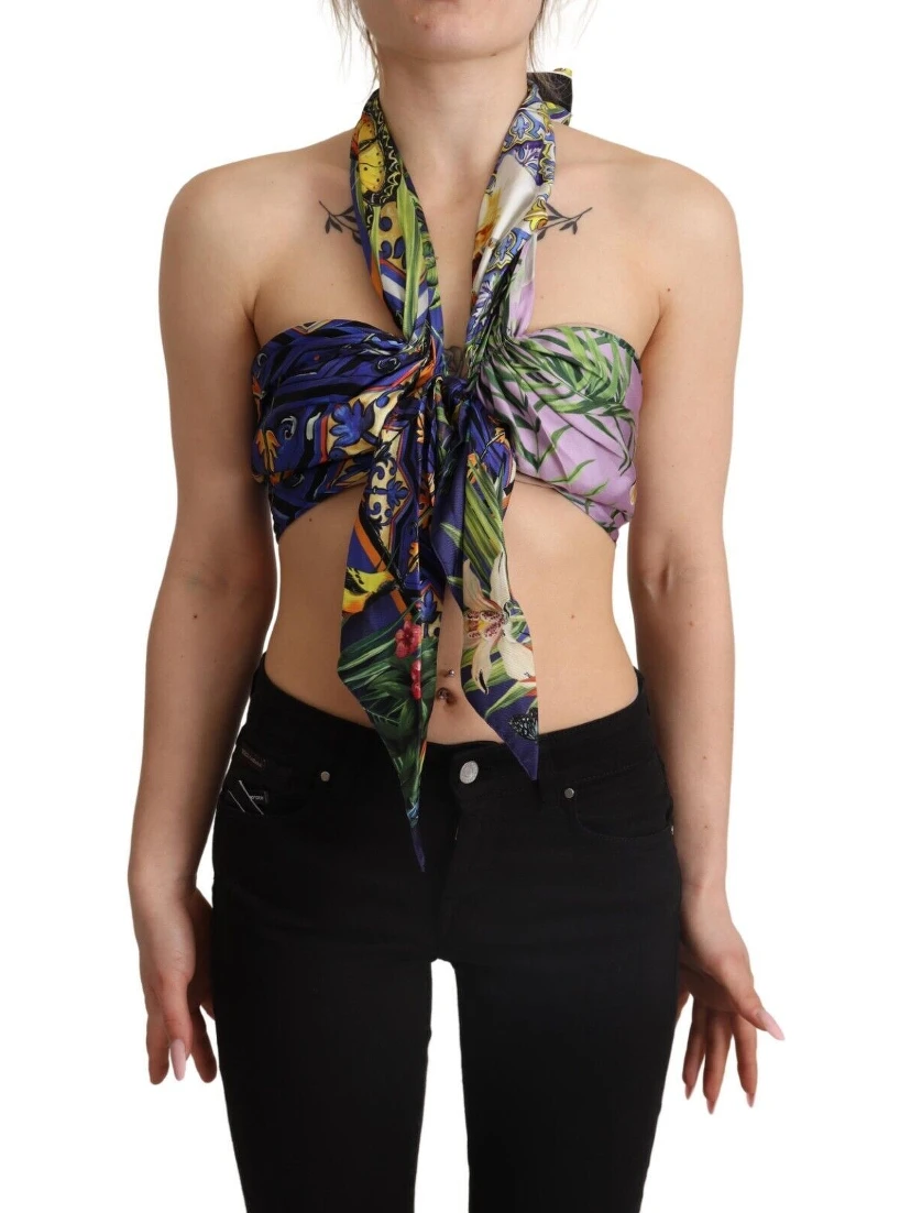 Multicolor Foulard Silk Halter Cropped Top