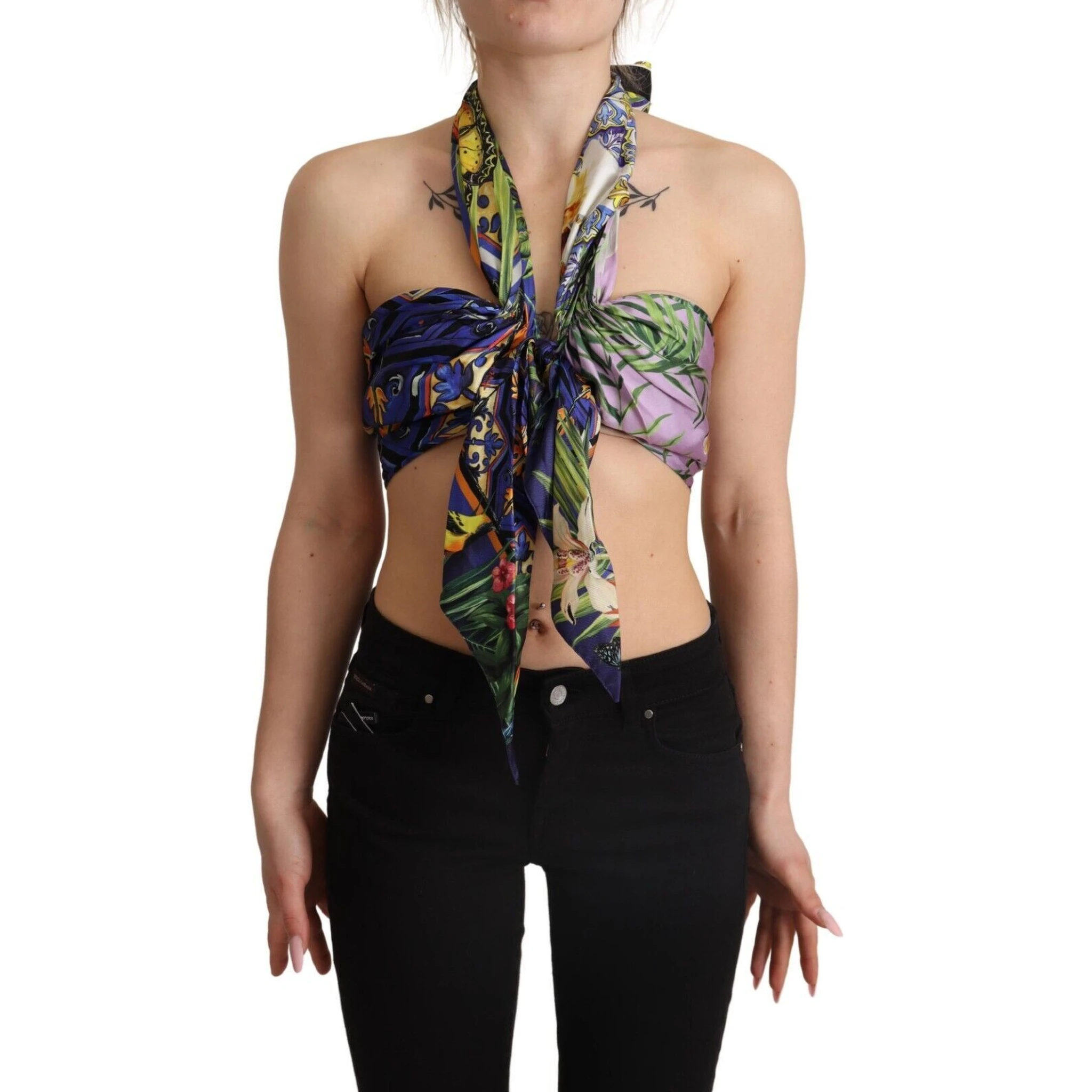Multicolor Foulard Silk Halter Cropped Top