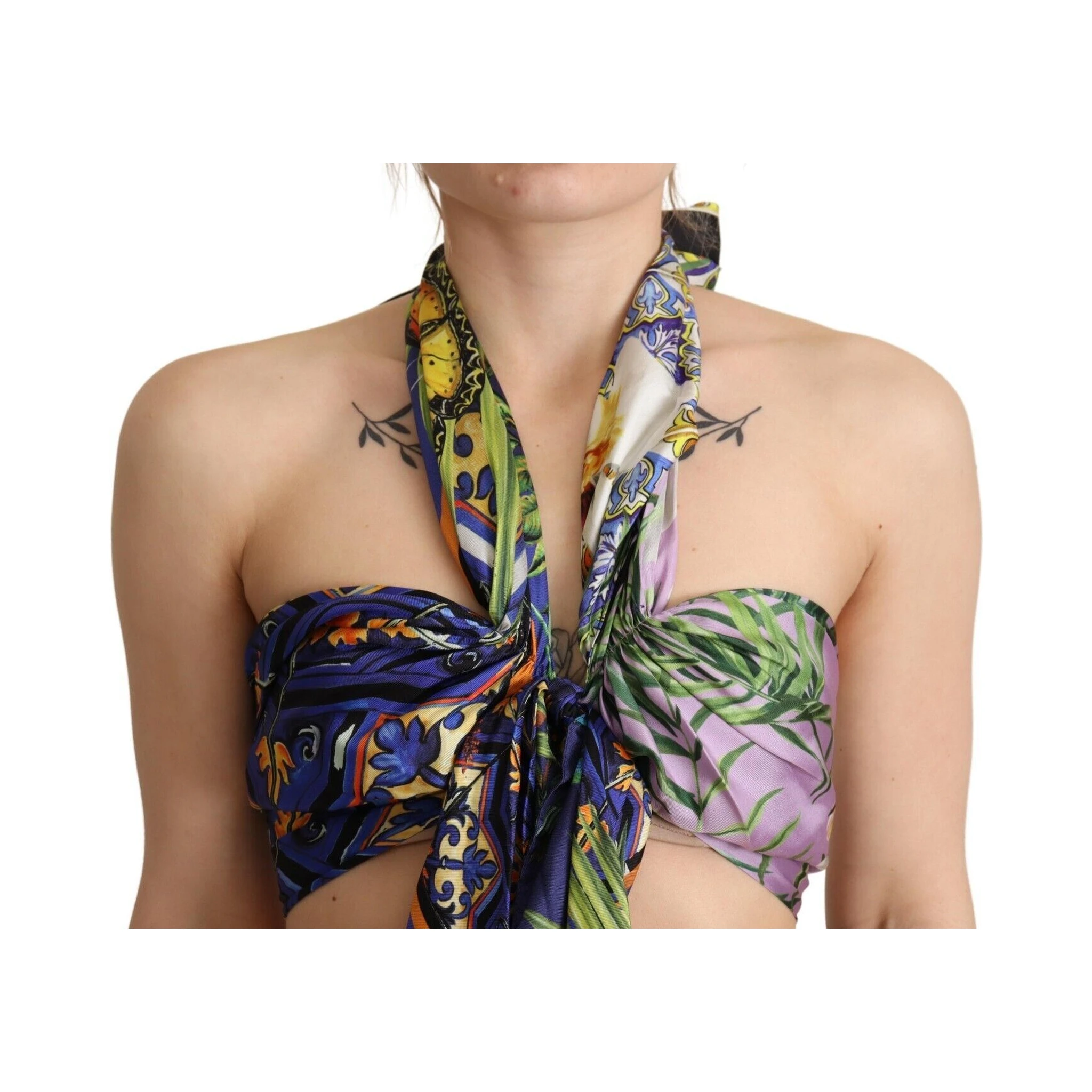 Multicolor Foulard Silk Halter Cropped Top
