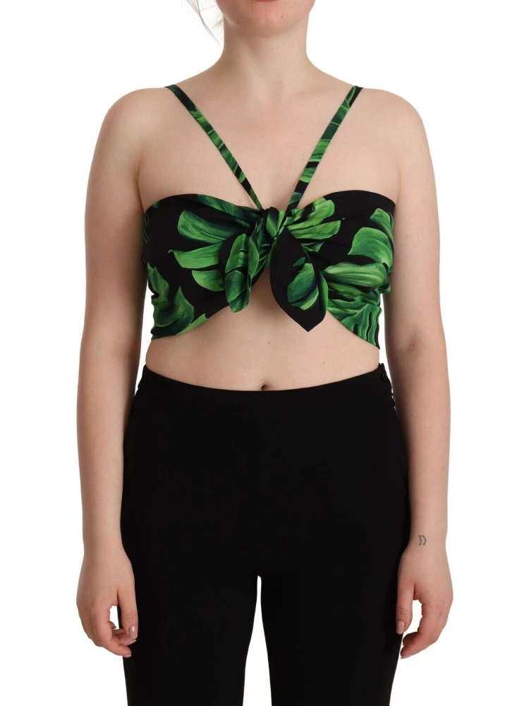 Black Green Leaf Silk Halter Cropped Top