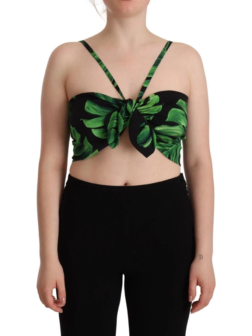 Black Green Leaf Silk Halter Cropped Top