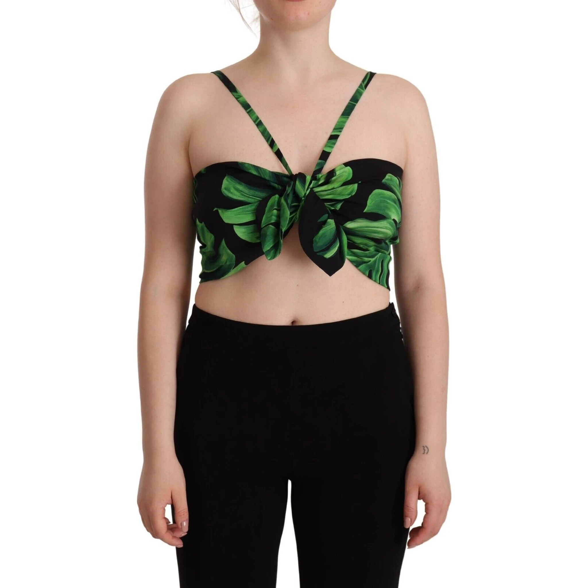 Black Green Leaf Silk Halter Cropped Top