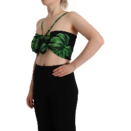 Black Green Leaf Silk Halter Cropped Top
