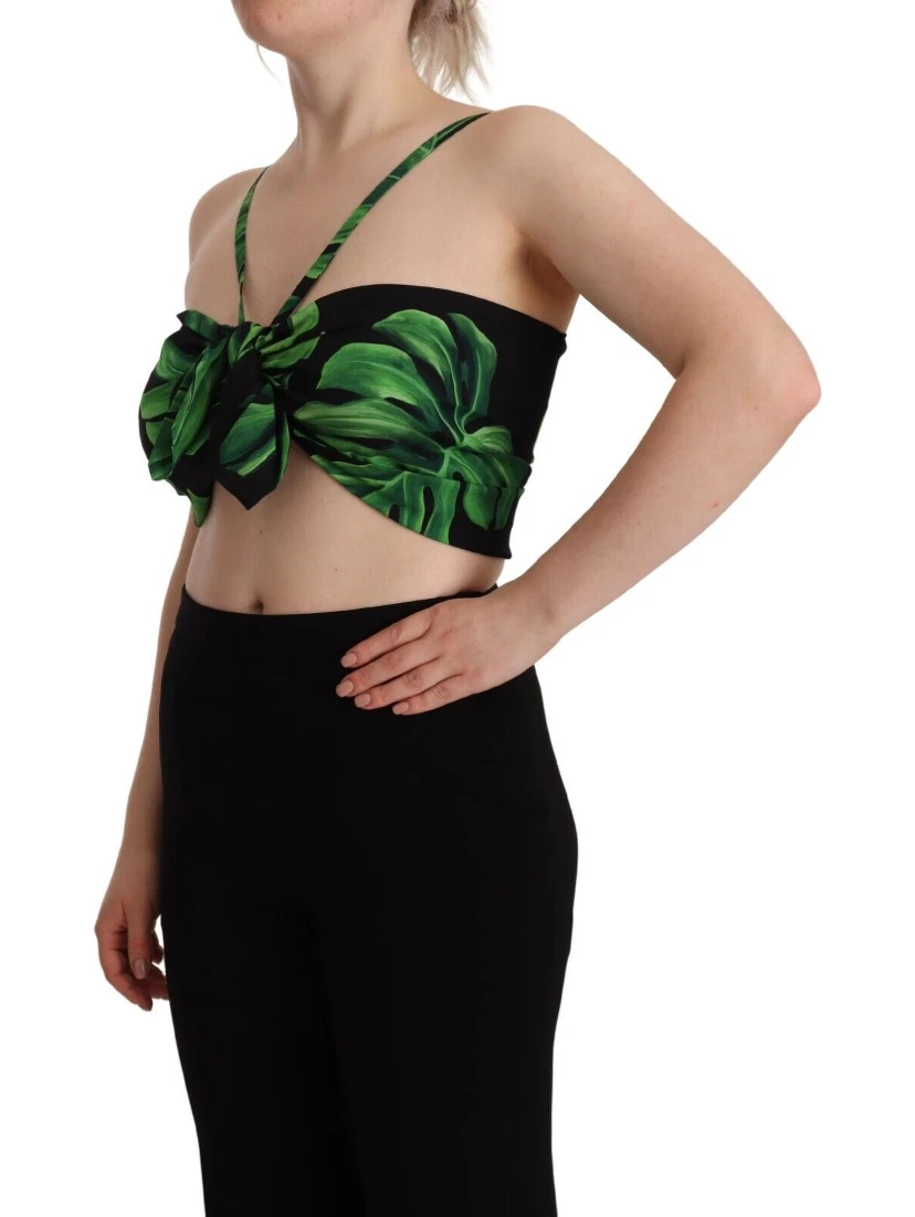 Black Green Leaf Silk Halter Cropped Top