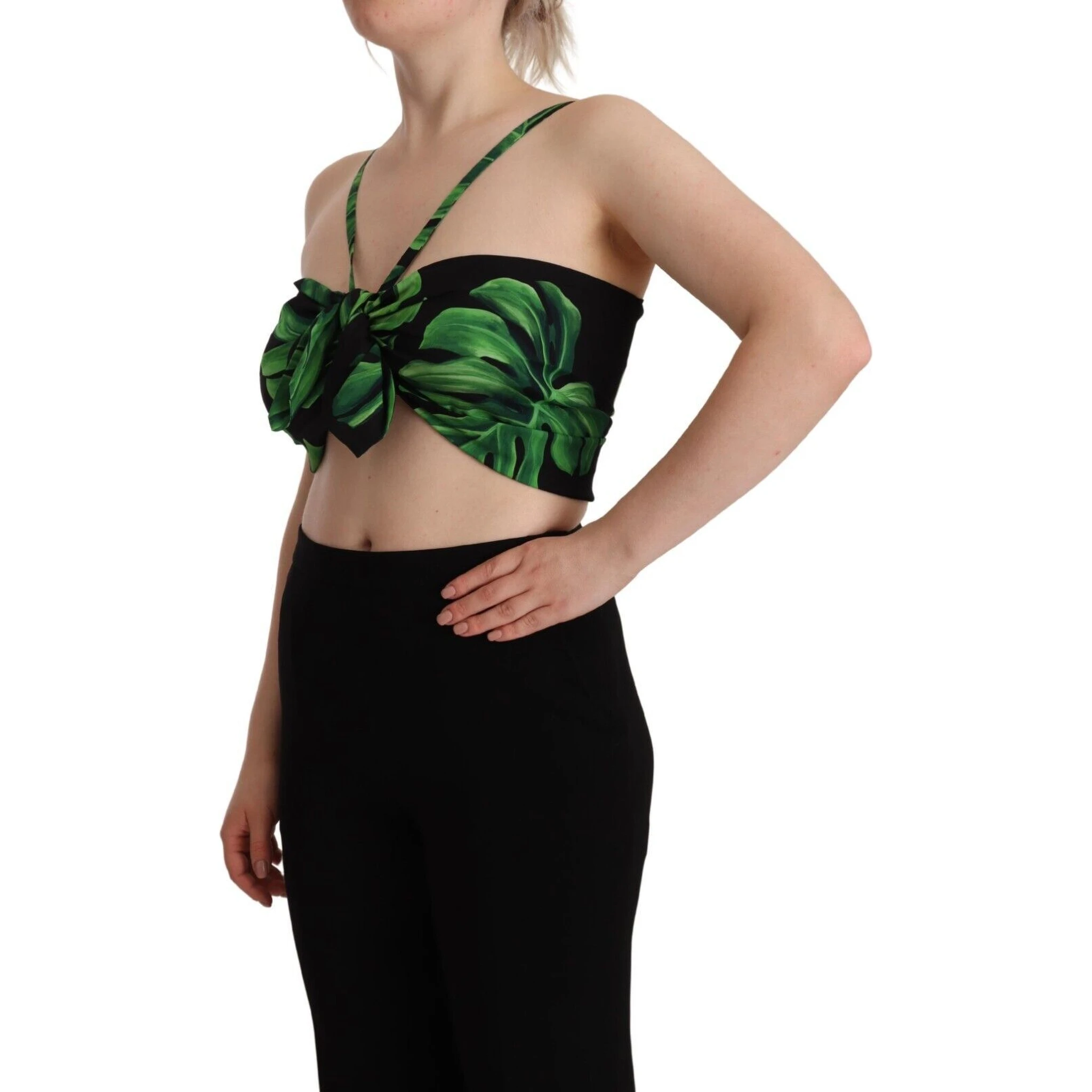 Black Green Leaf Silk Halter Cropped Top