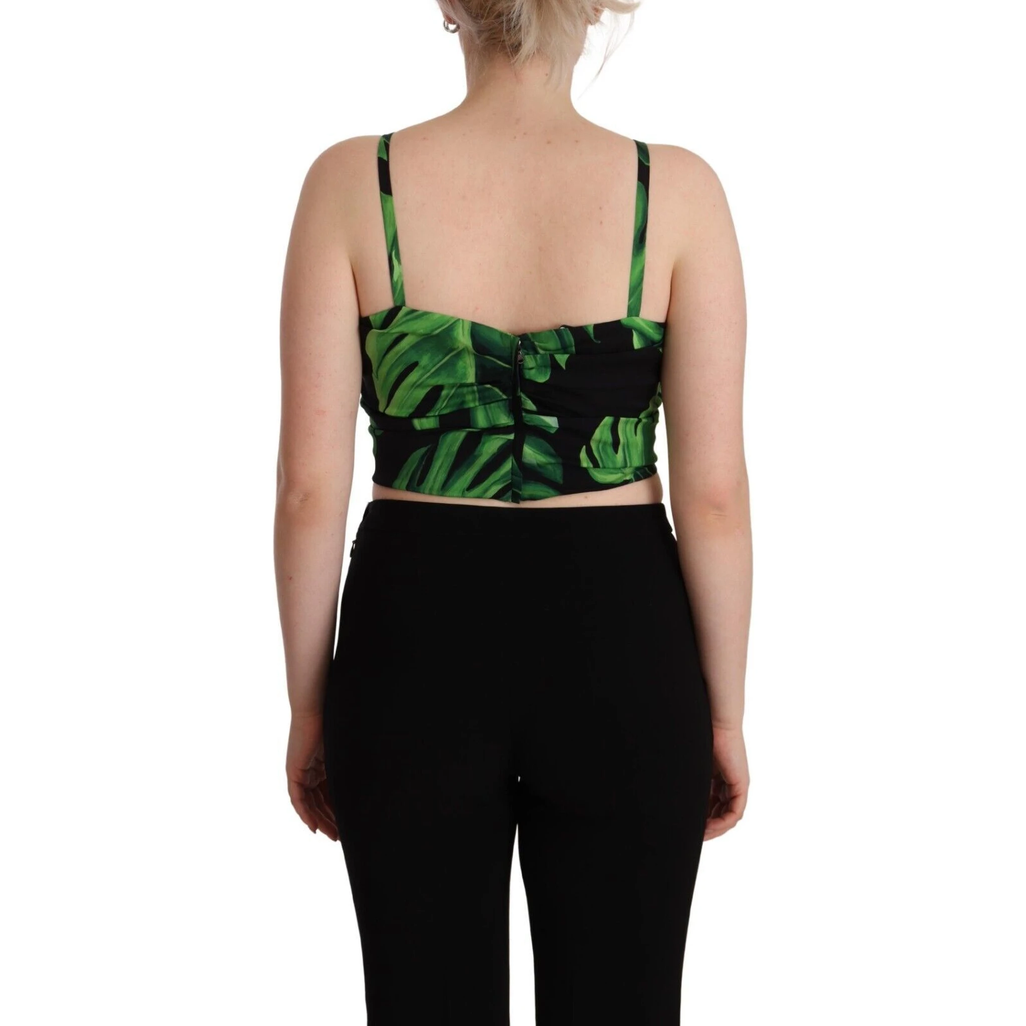 Black Green Leaf Silk Halter Cropped Top