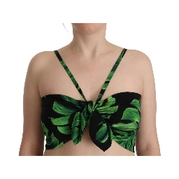 Black Green Leaf Silk Halter Cropped Top