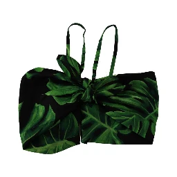 Black Green Leaf Silk Halter Cropped Top