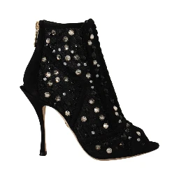 Black Crystals Heels Zipper Short Boots Shoes