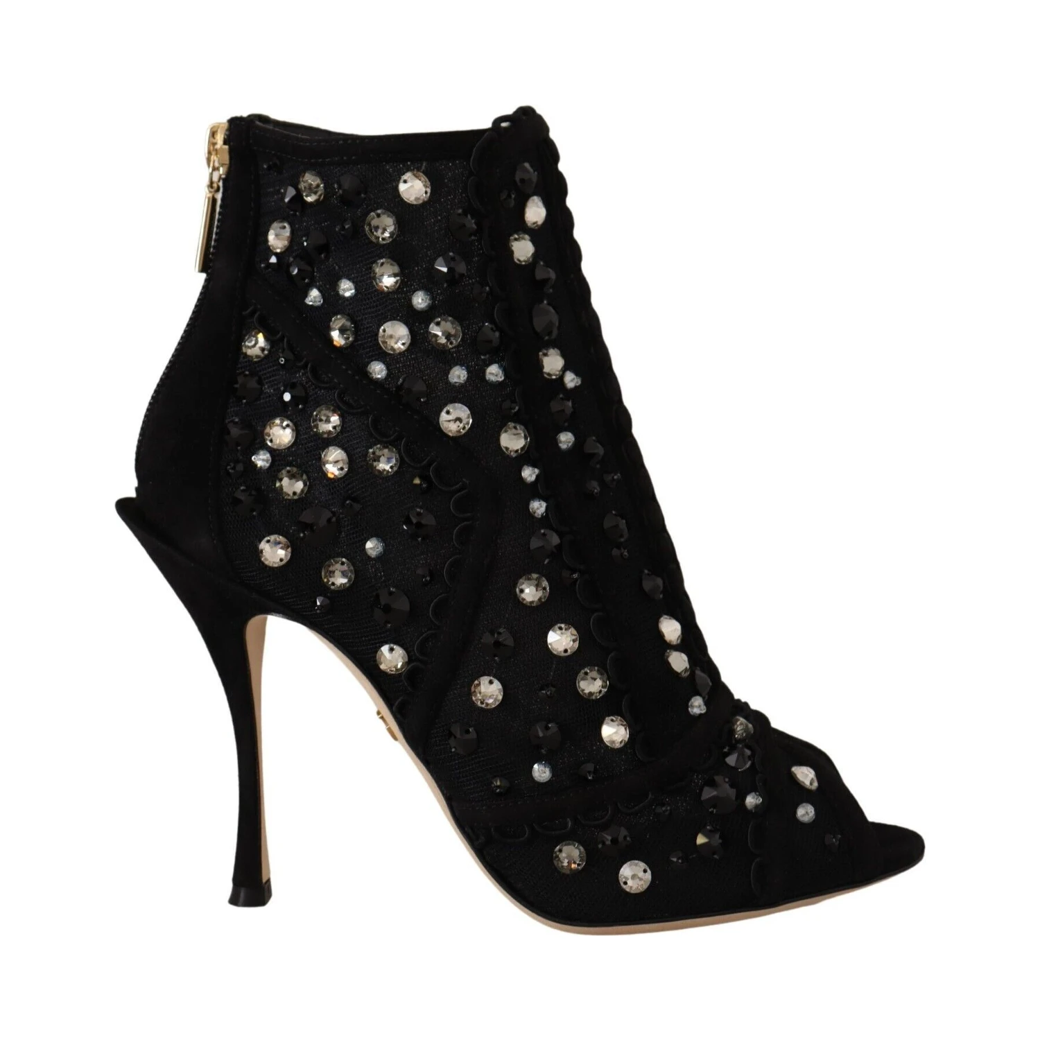 Black Crystals Heels Zipper Short Boots Shoes