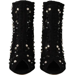Black Crystals Heels Zipper Short Boots Shoes