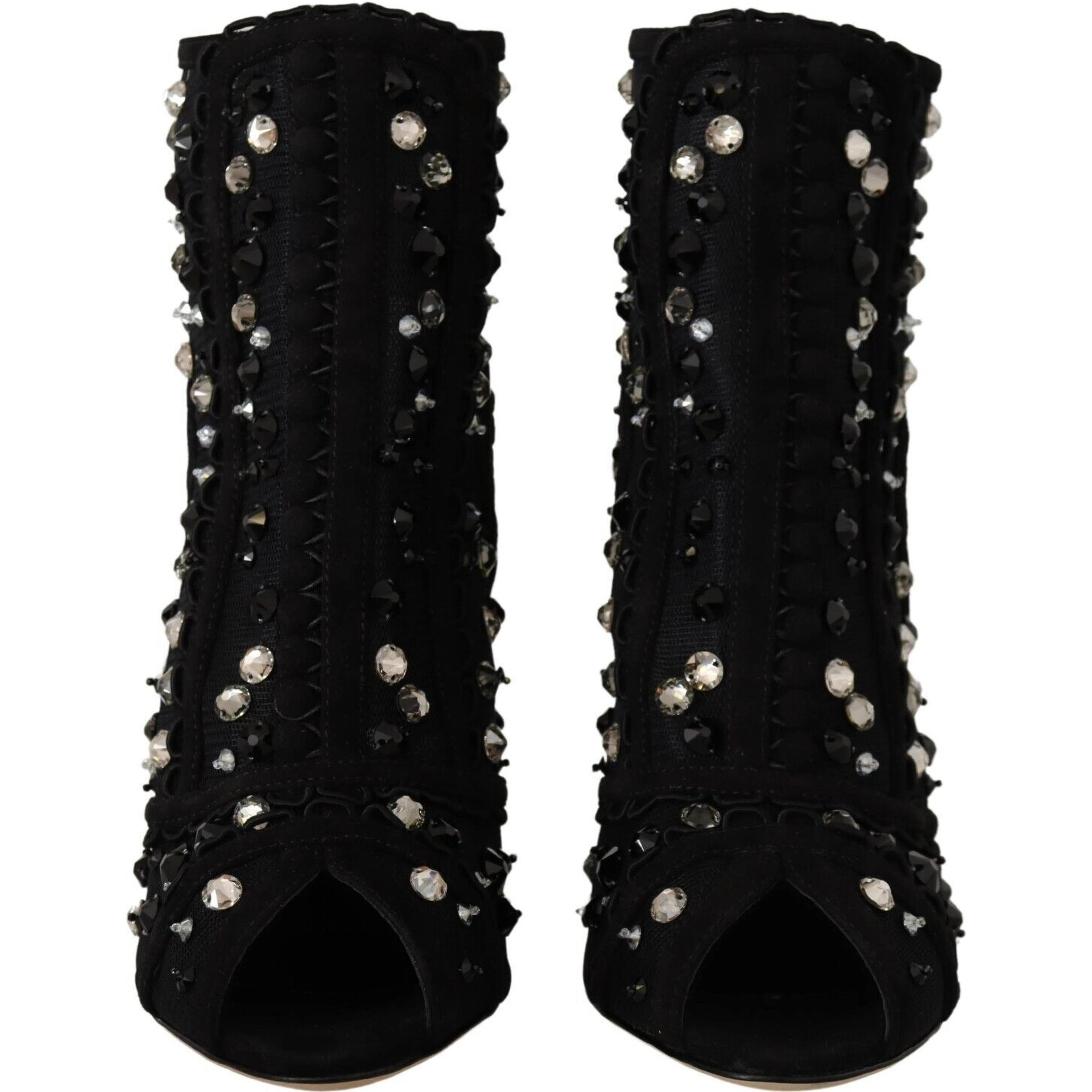 Black Crystals Heels Zipper Short Boots Shoes