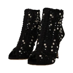 Black Crystals Heels Zipper Short Boots Shoes