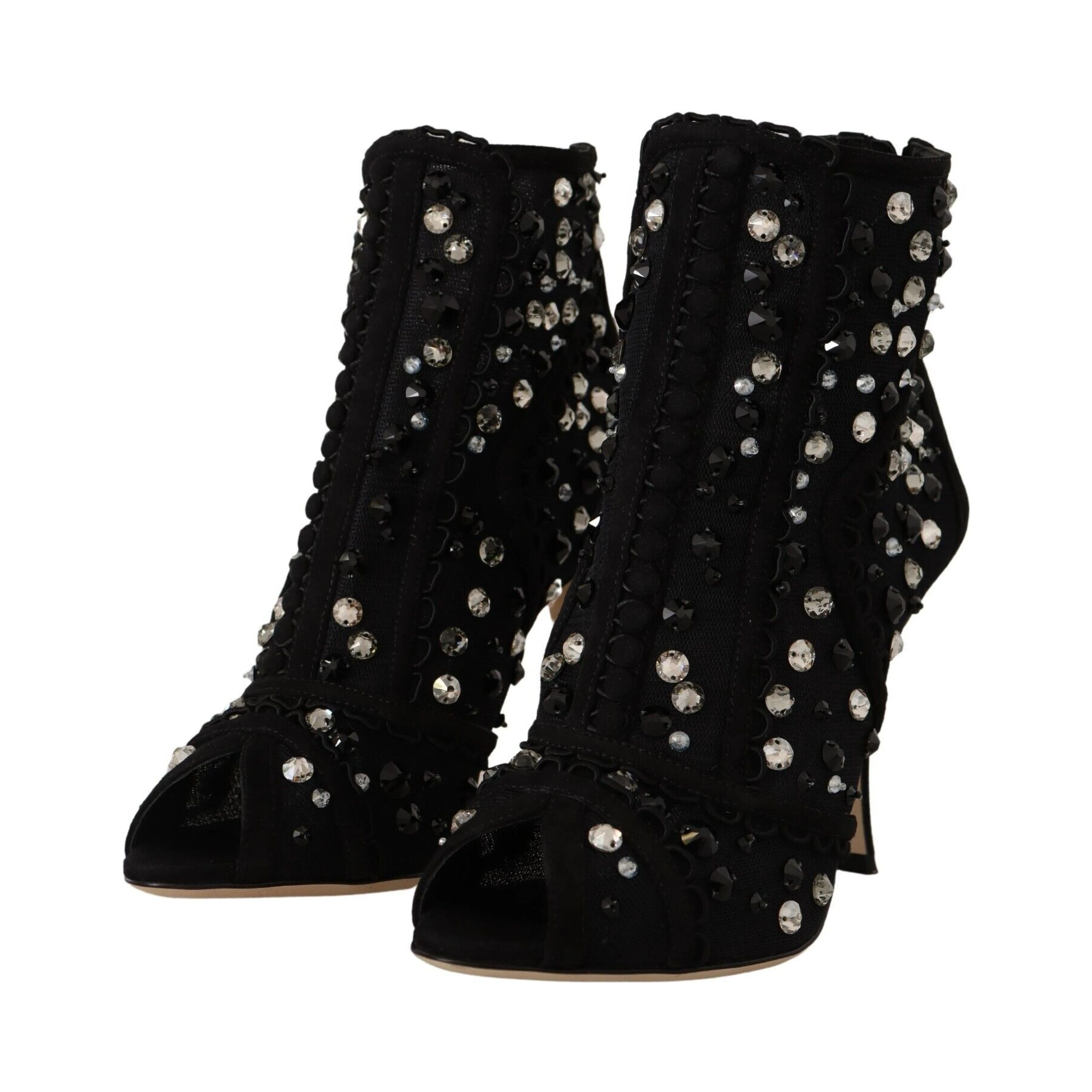 Black Crystals Heels Zipper Short Boots Shoes