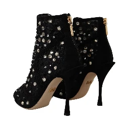 Black Crystals Heels Zipper Short Boots Shoes