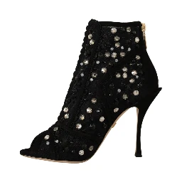 Black Crystals Heels Zipper Short Boots Shoes