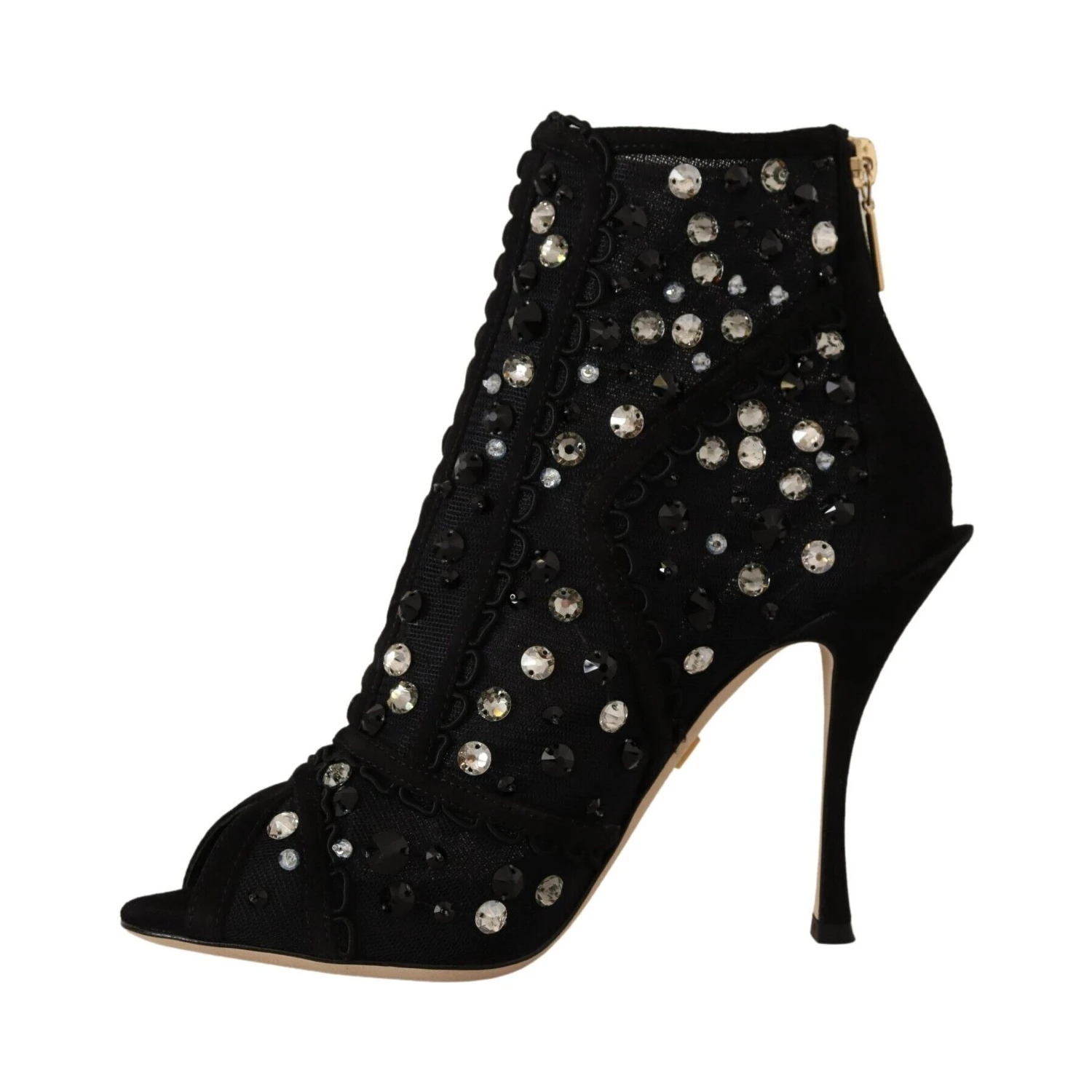 Black Crystals Heels Zipper Short Boots Shoes