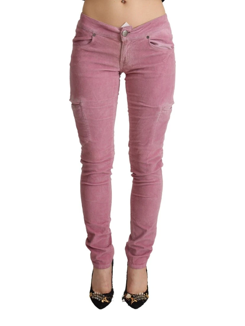 Pink Cotton Low Waist Skinny Denim Cargo Jeans