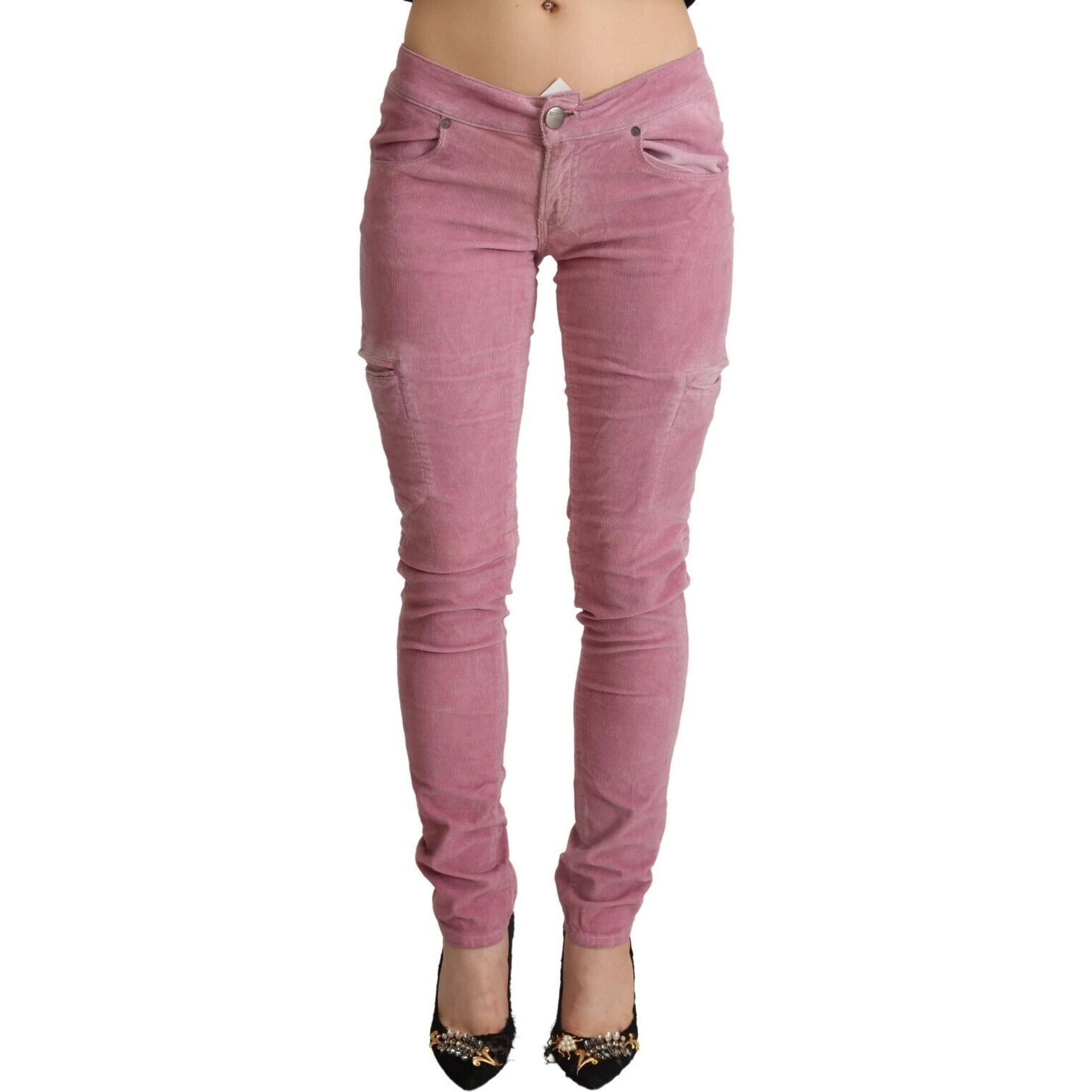 Pink Cotton Low Waist Skinny Denim Cargo Jeans