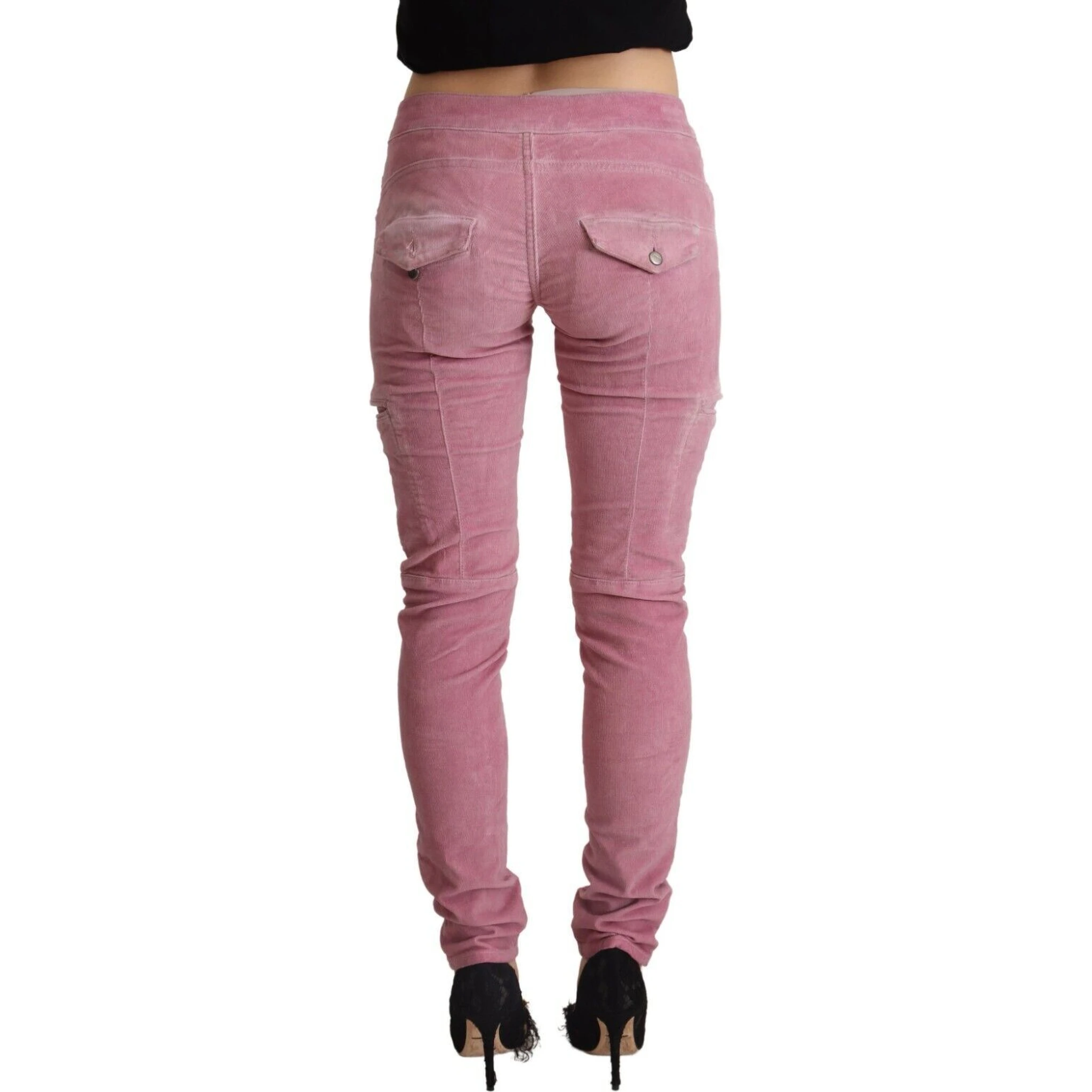 Pink Cotton Low Waist Skinny Denim Cargo Jeans