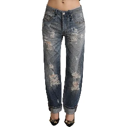 Blue Tattered Mid Waist Straight Denim Cotton Jeans