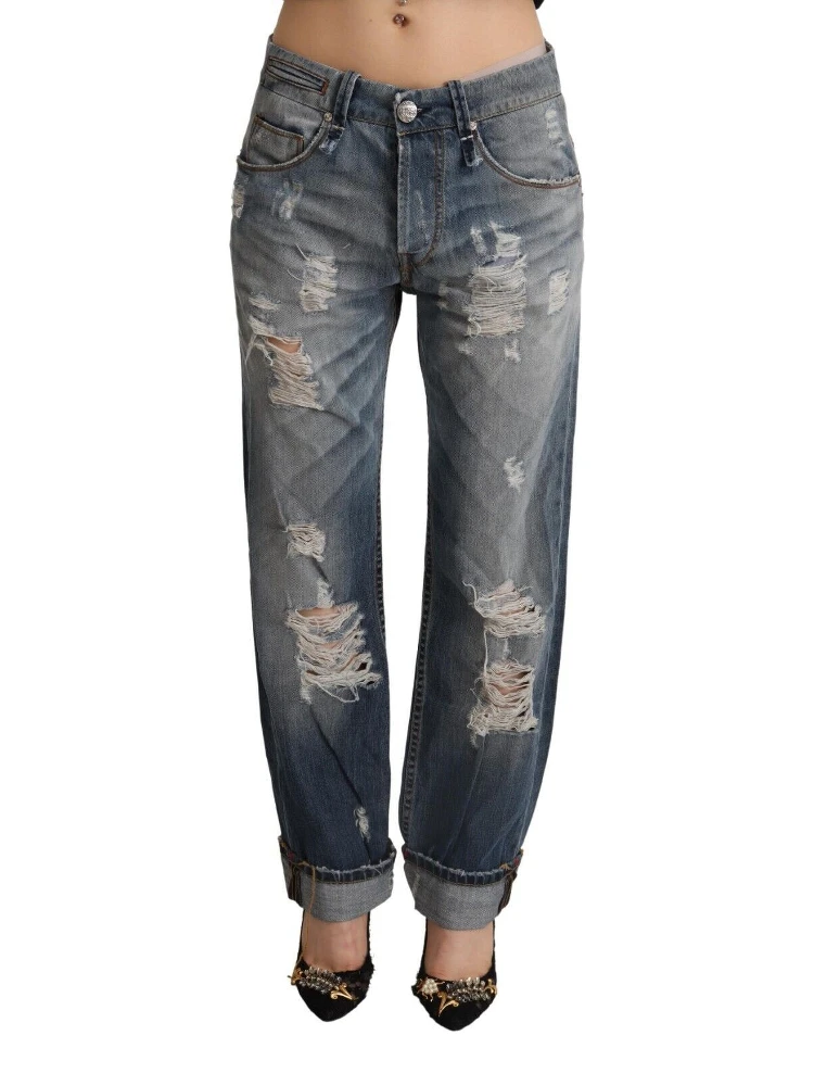 Blue Tattered Mid Waist Straight Denim Cotton Jeans