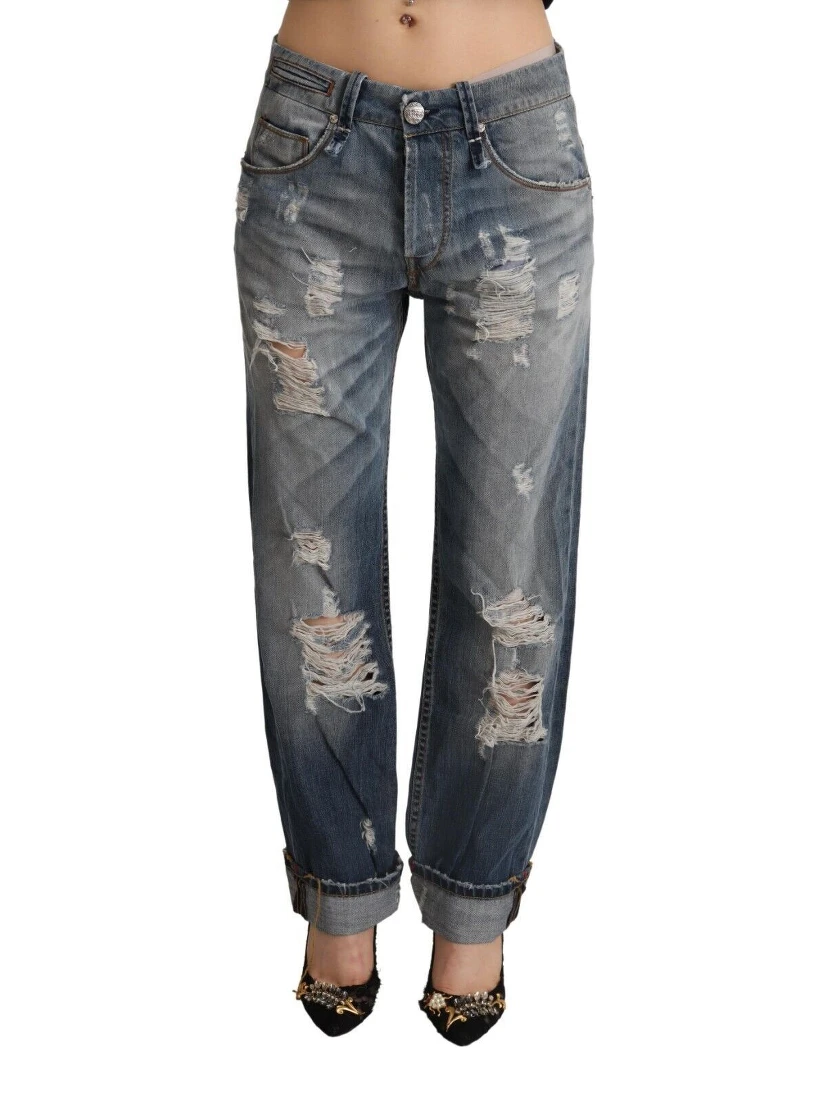 Blue Tattered Mid Waist Straight Denim Cotton Jeans
