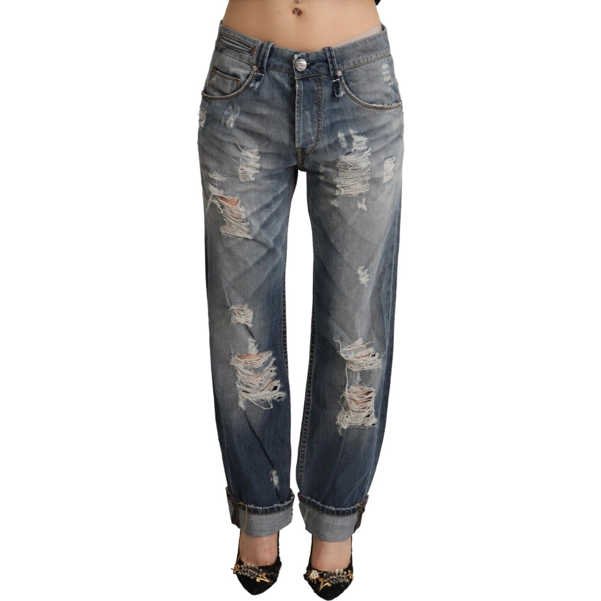 Blue Tattered Mid Waist Straight Denim Cotton Jeans