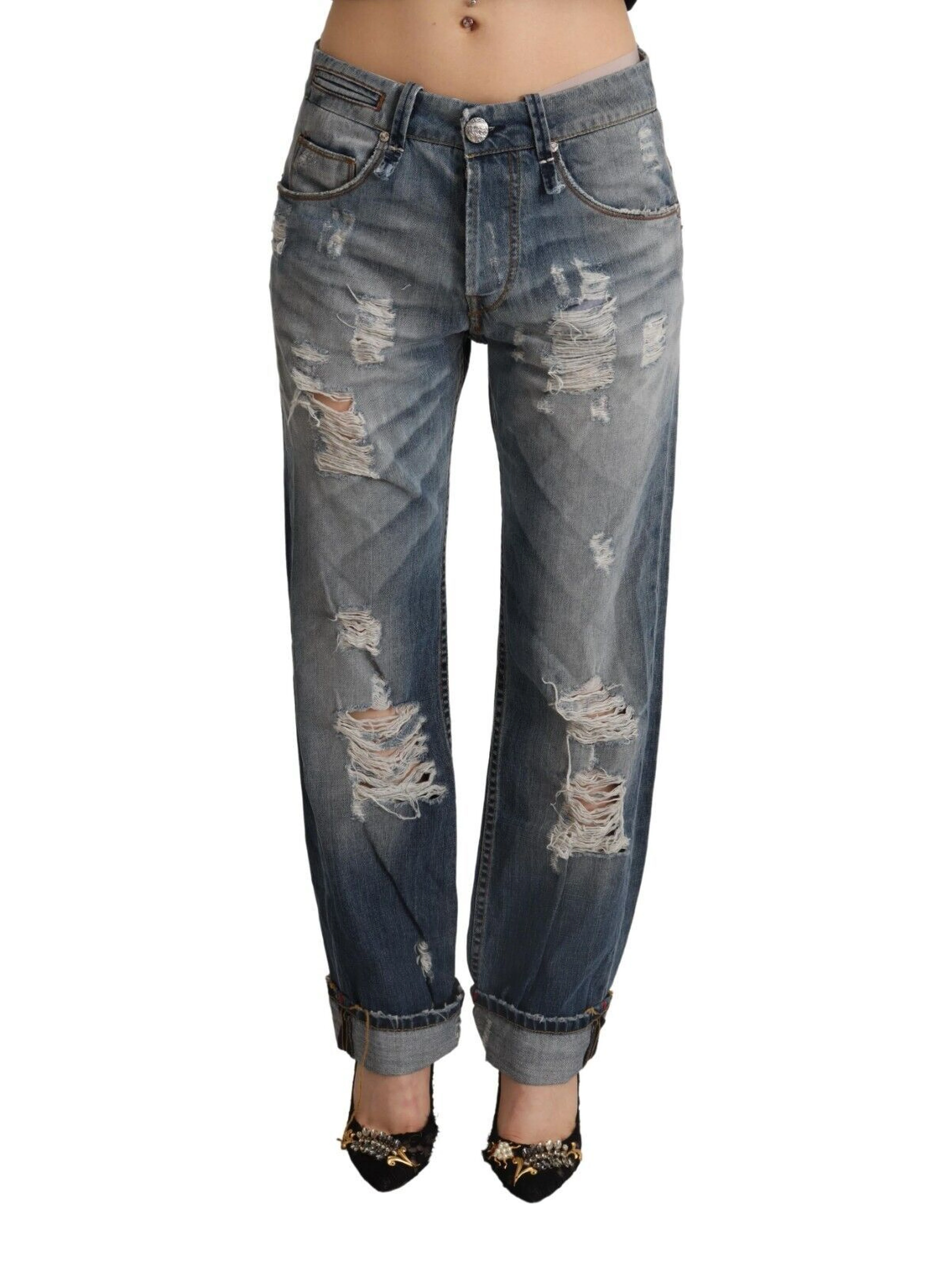 Blue Tattered Mid Waist Straight Denim Cotton Jeans