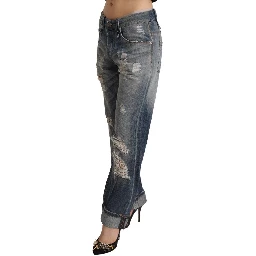 Blue Tattered Mid Waist Straight Denim Cotton Jeans