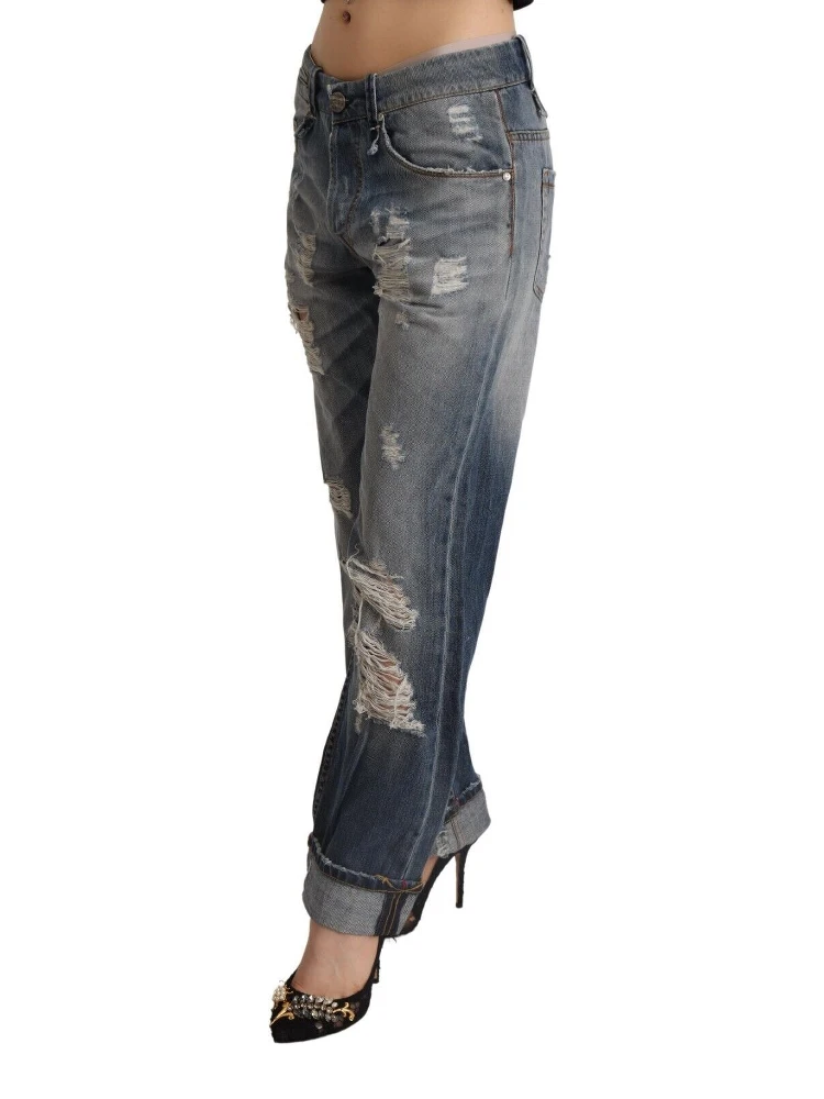 Blue Tattered Mid Waist Straight Denim Cotton Jeans alternative