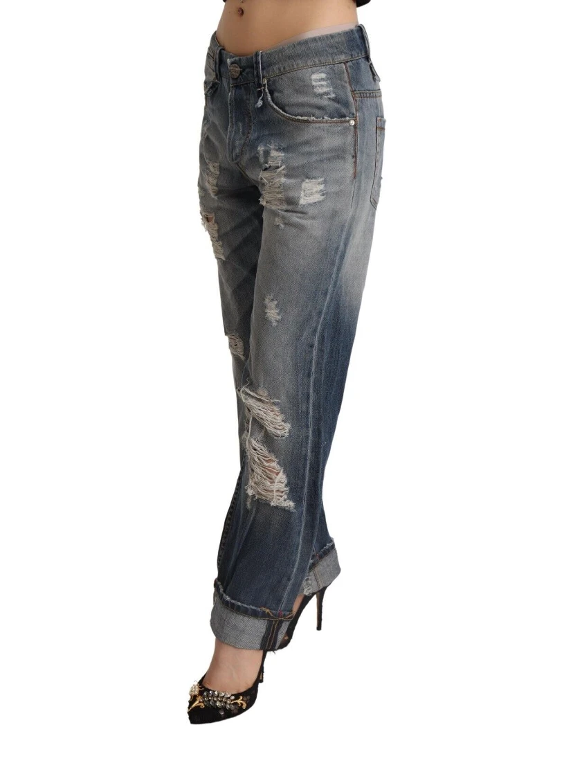Blue Tattered Mid Waist Straight Denim Cotton Jeans